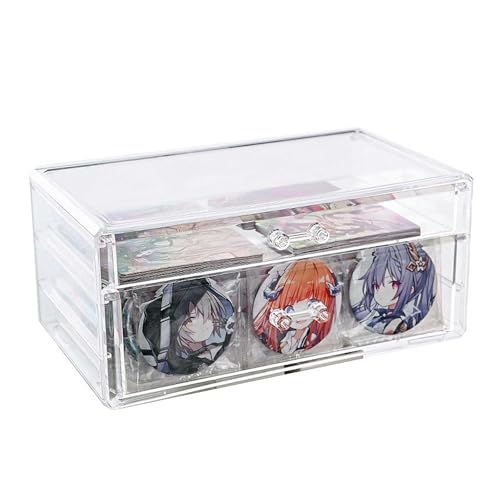 缶バッジ収納ボックス 2段収納 引き出し式 缶バッジ ディスプレイケース 缶バッジ展示スタンド 透明 アクリルケース 傷防止 汚れ防止 ジュエリーボック 保管 化粧品 推し活グッズ アニメグッズ アクセサリー 雑物 文房具 小物収納 コレクション 整理整頓