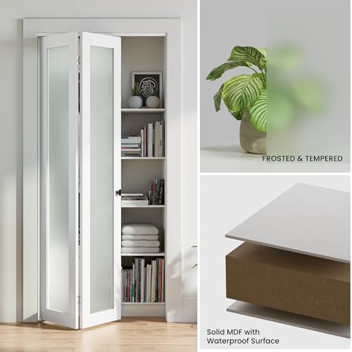 Image of Bifold Doors for 36 inch x 80 inch Opening, 1-lite Tempered Frosted Glass Closet Folding Doors with Hardware kit Included, Water-Proof PVC Surface, Easy Install, White