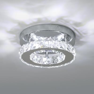 DAXGD Mini Crystal Chandeliers Light Modern Flush Mount Crystal Ceiling Lights Round Shape Close to Ceiling Light for Bathroom, Bedroom, Kitchen, Girls Room(7.9 Inch)