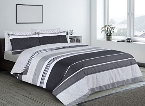 Charlotte Andersen Double Bed Charcoal Grey Stripe Duvet Cover, Reversible Easy Care Poly Cotton Bedding With Pillow Cases (GREY, Double)