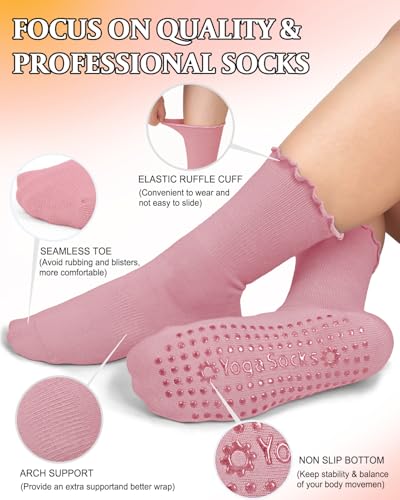 Image of yeuG Pilates Socks with Grips for Women Non Slip Grip Crew Socks with Ruffle for Yoga, Barre, Barefoot Workout Cute Grippy Socks