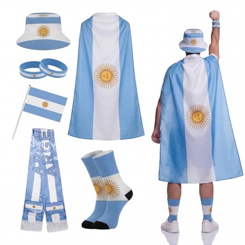 Newcotte 2026 Soccer Fan Support Kit 3x5 ft Soccer Country Flag with Patriotic Country Cape Socks Scarf Hat Wristbands Hand Wave Flag for Sport Party Fans Cheering Accessories(Argentina)