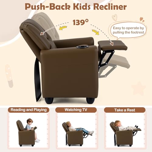 Image of Kids Recliner, Toddler Lounge Chair w /Cup Holder, Wide Armrest, Kids Sofa w /Adjustable Footrest, Comfy Toddler Recliner Chair for for Boys & Girls 3 + (PU, Brown)
