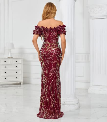 Image of dasmzper Women Sexy Sequin Off Shoulder Ruffle Short Sleeve Bodycon Mermaid Party Formal Evening Maxi Dress
