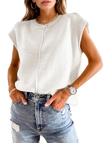 Sheocivy Womens 2026 Spring Trendy Cap Sleeve Tops Casual Crewneck Sweater Vest Tank Tops Cute Knit Shirts Summer Outfits