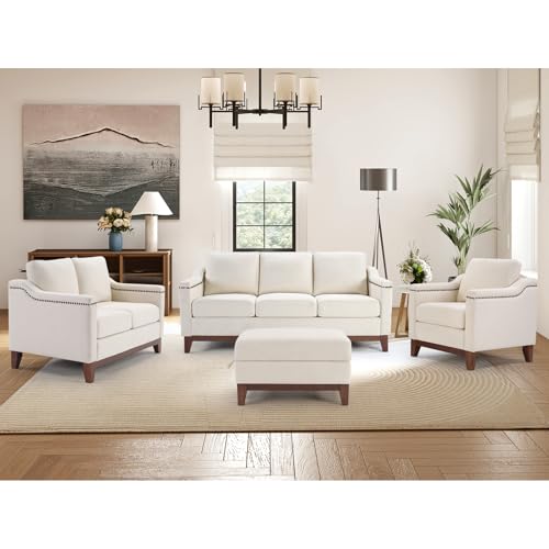 Image of 4-Piece Living Room Sofa Set with Coffee Table, Vintage Rivet Couch Sets with Solid Wood Legs, Sofas Furniture of Ottoman with Storage Space, Armchair, Loveseat and 3-Seat Sofa, Beige