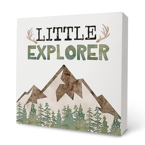 Image of Knibeo Forest Wooden Box Sign - Forest Nursery Decor, 5x5 Inch Little Explorer Wooden Sign,Log Cabin Boys Room Decor