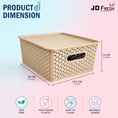 Image of JD Fresh Pack of 3 Premium Plastic Storage Basket with Lid /Smooth Handle Design&Stackable Storage Organizer /Durable Kitchen Storage Basket for Clothes, Vegetables, Fruits, Toys, Stationery(Multicolor)