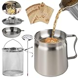 2L Oil Filter Pot Bacon Grease Saver with Strainer, 68oz Steel Pour Fryer Large Capacity Bacon Grease Container with Cooking Thermometer & 50 Wax Papers Stainless Steel for Kitchen Camping