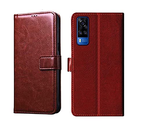 Image of Inside Rubber TPU with Card Pockets Magnetic Closure Protection Compatible with Vivo Y51 (2020) (Brown)