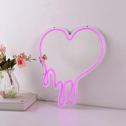 Image of Heart Pink Neon Sign, for Wall Decor, LED Dripping Heart Acrylic Makeup Mirror Neon Signs With Base and Dimmer Switch, for Bedroom Makeup Mirror Home Decor Living Room Bar Wedding Party