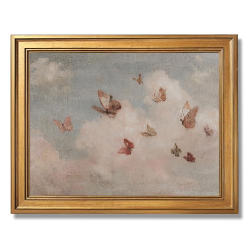 Framed Butterfly Cloud Painting Vintage Cottagecore Nursery Wall Art Whimsical