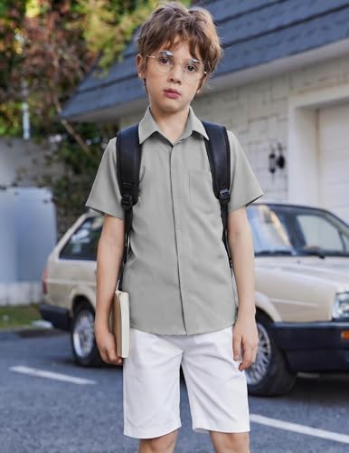 Image of Arshiner Boys Short Sleeve Dress Shirts Solid Button Down Shirts | formal Uniform School Shirt, for 4-12 Years, Hidden Buttons, with Chest Pocket, Regular Fit, Summer Tee top for Kids