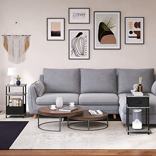 End Table Set Of 2, Small Side Tables With Storage Shelf And Fabric Drawer, Bedside Nightstand For Small Space Accent Table Desk Bed Side Shelf Night Stand For Bedroom, Living Room, Metal Pole, Grey #TOP7