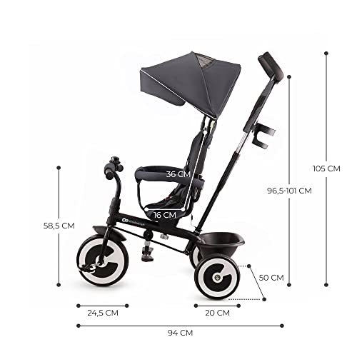 Kinderkraft Aston Dreirad ab 9 Monate bis 25 kg, Kinderdreirad mit schubstange, drehbarer Sitz Vorwärts und Rückwärtsfahrt, ausklappbarem Verdeck mit Sonnenschutz, Getränkehalter Korb im Set, Grau