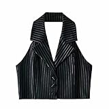 Jeovuanun Womens Pinstripe Button Down Halterneck Waistcoat Cropped Versatile Tuxedo Suit Vest (Medium,Black)