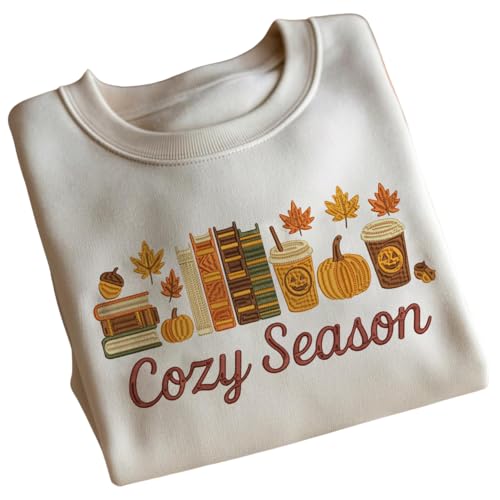 Cozy Season Embroidered Sweatshirt, Embroidery Autumn Leaves Sweater for Women, Cozy Tis The Season Fall Sweatshirts Gift for Fall Book Lover Reader Coffee Weather Sweatshirt