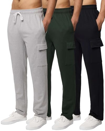 Real Essentials 3 Pack: Men's Tech Fleece Open Bottom Cargo Sweatpants with Pockets (Available in Big & Tall)