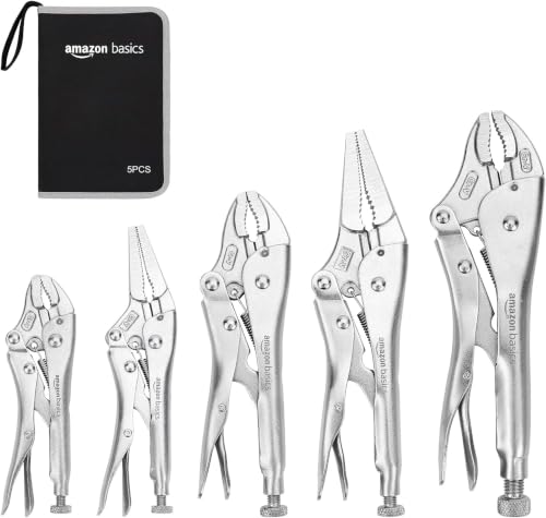 Image of Amazon Basics 5-Piece CR-V Locking Pliers Set with Wire Cutters, 2 Straight Jaw, 3 Curved Jaw, 6.5-10 inch, Silver, Carrying Case (Pack of 6)