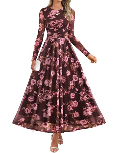 ZESICA Women's Maxi Dress 2025 Fall Long Sleeve Crewneck Floral