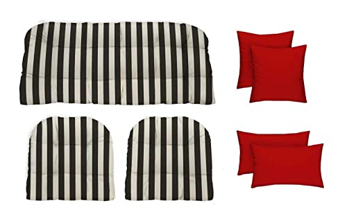 RSH Décor Indoor Outdoor 7 Piece Tufted Wicker Cushion Set + Pillows, (Standard, Black & White Stripe + Red)