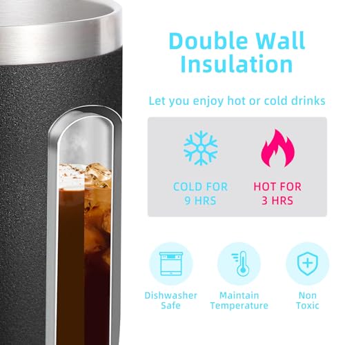 Volhoply 14oz Insulated Stainless Steel Coffee Mug with Lid Bulk 2 Pack,Double Wall Vacuum Travel Coffee Cup with Handle,Reusable Metal Tumbler,Camping Mugs Keep Hot,Christmas Gifts(Black,2 Set) - Image 3
