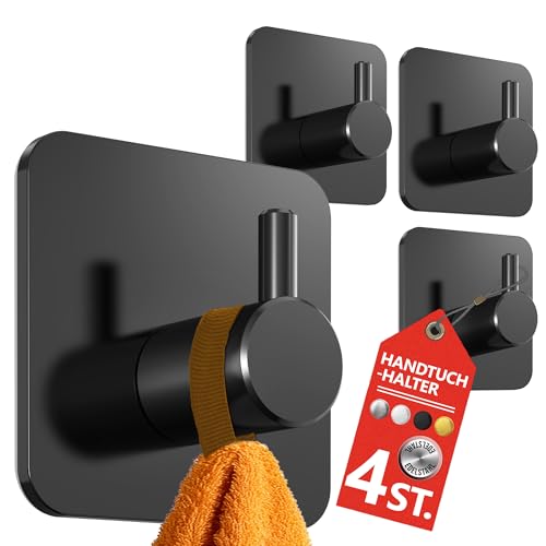 4smile Handtuchhaken ohne Bohren, 4 Stück, schwarz, wasserfeste Badezimmer Handtuchhalter aus 304 Edelstahl, 10 kg Klebehaken für Bad und Küche, ideal für Fliesen