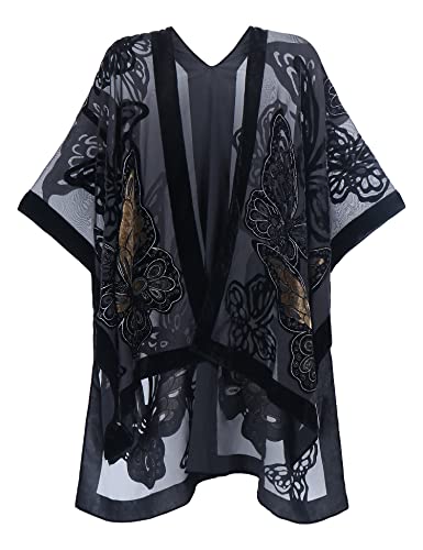 Image of Women's Burnout Velvet Kimono Long Cardigan Cover Up Casual Outfit