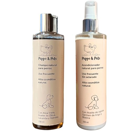 Peppo and Pets-Pack Champú Natural para Perros (250 ml)+Acondicionador Natural para Perros sin aclarado (250 ml)-Ingredientes Naturales-Sin sulfatos,parabenos ni siliconas- Apto para Pieles sensibles