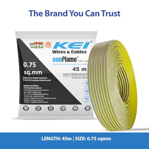 Image of KEI CONFLAME FRLSH 0.75 sqmm 1 Core Copper Heat Resistant Flame Retardant Low Smoke & Halogen - Lead Free House Wire for Domestic & Industrial Electrical Wiring (Yellow, 45 Meters)