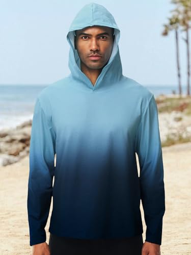 Men's Hooded UPF 50+ Gradient Shirt - Long Sleeve Sun Protection Rash Guard for Fishing, Running & Water Sports