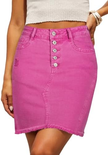 Sidefeel Women's Jean Skirt Stretchy Ripped Frayed Button Fl...