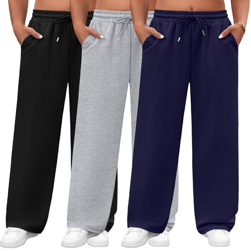 Neer 3 Pack Women's Plus Size Sweatpants Wide Leg Cargo Lounge Pants High Waist Ladies' Slacks Drawstring Jogger with Pockets(Black, Navy Blue, Light Gray,XX-Large)