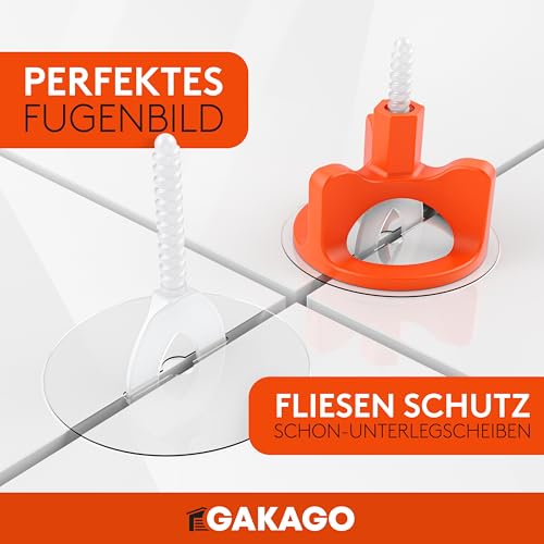 Gakago Fliesen Nivelliersystem 200 Gewindelaschen 2mm - Verlegehilfe für ein perfektes Fugenbild - Überlegene Reichweite für Fliesenstärken 3-18mm - Fliesenschutz durch Schon-Unterlegscheiben