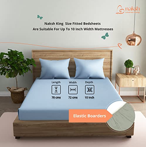 Image of Naksh Coastal Retreat Collection King Size Bedsheet Cotton Elastic Fitted 78 x 72 Inch, 210 TC Plain Pure Cotton, Sky Blue | 1 King Size Bedsheet with Elastic Fitted and 2 Pillow Covers