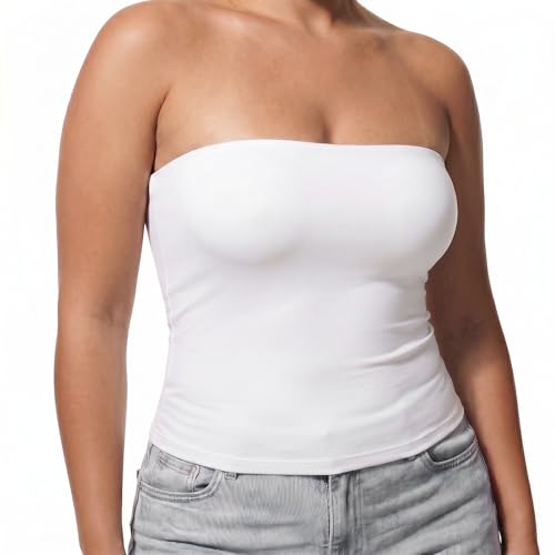 TRIWORKS Weiß Tube Tops Damen Trägerloses Top Damen Bandeau Top Damen Doppelt Gefüttert Anti-Rutsch Bauch Kaschierend Schulterfrei Sommer TopsGroße Größen L