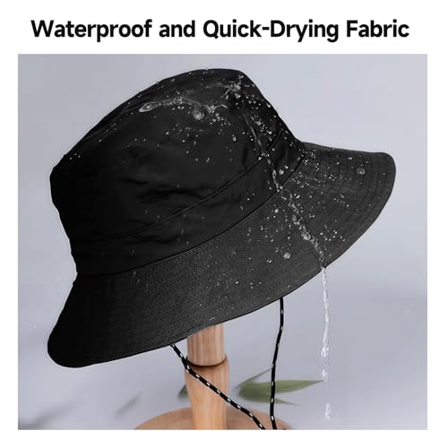 Waterproof Bucket Hat for Men and Women, Foldable Boonie Sun Hat with Wide Brim, UPF 50+ UV, Adjustable Chin Strap, Quick Dry Rain Hat for Fishing, Hiking, Camping, Travel and Outdoor Use (Black) - Image 2