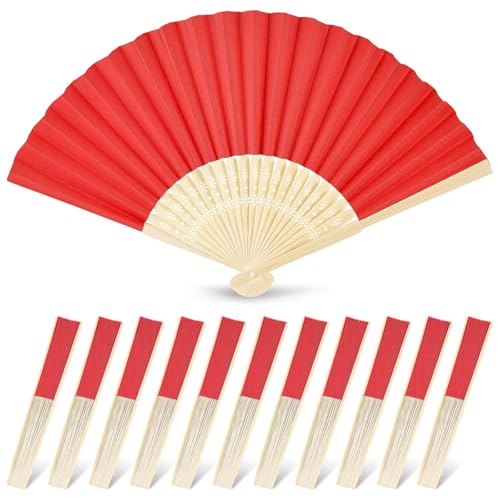 JOHOUSE 12 PCS Red Paper Folding Hand Fans 8.3 Inch Foldable Handheld
