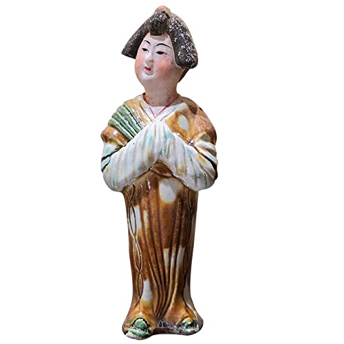 Pure Handmade Ancient Method Tang Tricolor，15cm Small Pottery Figurines Fat Girl, Chinese Style Retro Antique Works of Art,Desktop Ornaments for Playing with (Green Dress)