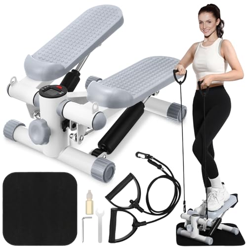 Lemosae Steppers for Exercise Fitness Stair Stepper with 300 lb Loading Capacity Mini Stepper Stair with LCD Monitor and Resistance Bands Adjustable for Home Office Workouts (Gray)