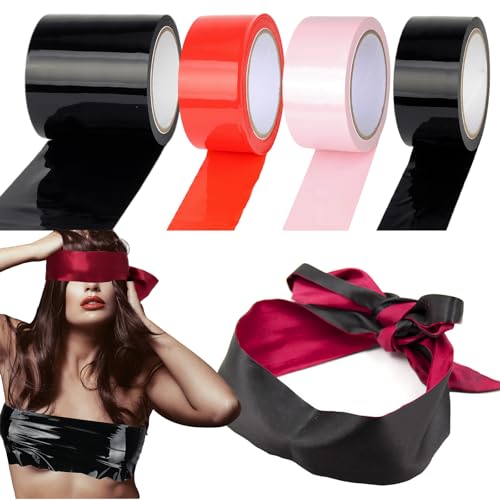 396ft Bondage Tape Electrostatic Sex Tape with Blindfold 99ft*4Rolls Bondage Restraints Tape for BDSM Games PVC Tapes for Couples Play (Width: 3.94 x 1Roll + 1.97 x 3Rolls)