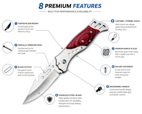 Image of Folding Utility Knife with Stainless Steel Blade & Wooden Handle, Compact Manual Pocket Tool for Carton Opening, Packaging, DIY, Household, Kitchen & Office Tasks