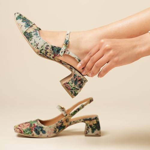 Image of Theater Women Floral Tapestry Mary Jane Heels | Square Toe Slingback Sandals with Adjustable Strap | Stylish & Comfortable for Party, Office & Casual Wear