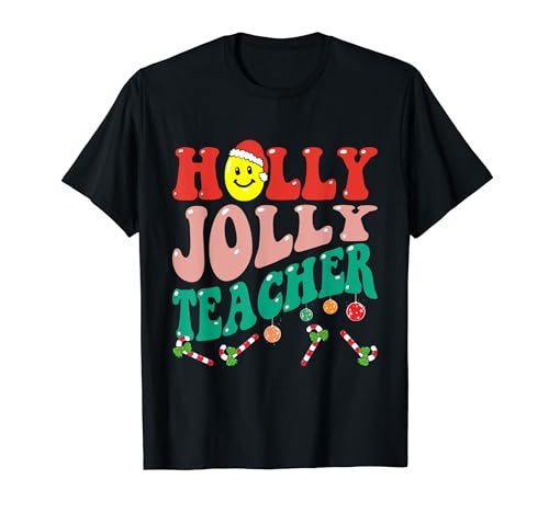 Groovy Holly Xmas Jolly Teacher Christmas Vibes Hippie Retro Camiseta