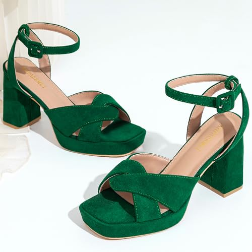 KHPAERMEI Chunky Platform Heels for Women 3.54 Inches Heeled Sandals Comfy Suede Open Toe Ankle Strap Dress High Heels Prom Wedding3