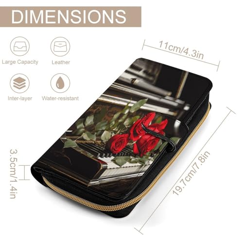 Womens Wallets Leather Ladies Wallet Large Red Rose on Piano Printed Long Travel Clutch Wallet for Women2