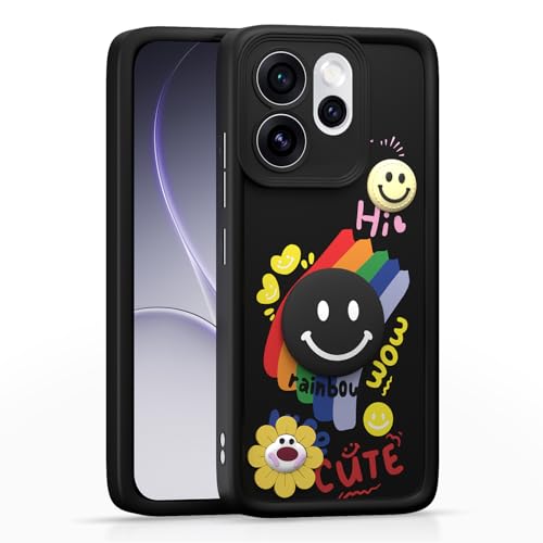 Image of Pikkme Back Cover for Oppo Reno 15 Pro Mini 5G | Soft Silicone| Cute Rainbow Smile & 3D Cartoon Flower Design | Shockproof Raised Camera Protection Bumper Case (Black)