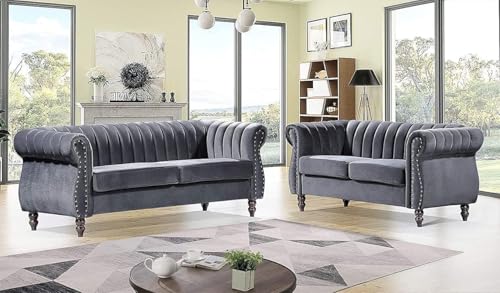 Image of Modern & Classic Chesterfield Sofa 5 Seater Sofa Velvet L-Shape Corner Sectional Button Tufted Sofa for Living Room, Dining Room, Office and Hallway-(Grey).