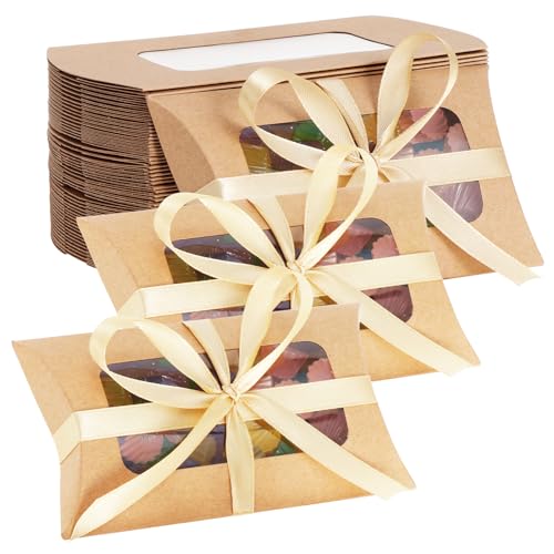 TsunNee 50 Cajas de Papel para Dulces Con Ventana, Caja de Regalo en Forma de Almohada para Boda, Fiesta de Bricolaje, Cumpleaños, Acción de Gracias y Navidad