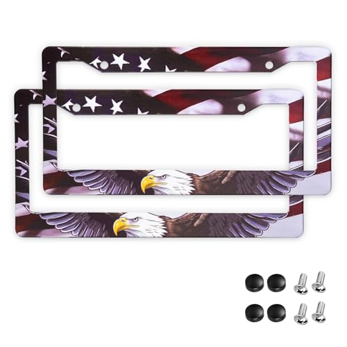 Image of StandardAutoPart American Flag License Plate Frames - Plastic USA Flag Car Tag Holder with Screws Caps and Patriotic Decals - Universal Fit (American Flag Eagle - 2 Pack)